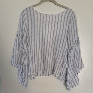 Olivaceous White Blouse with Navy Pinstripes and Ruffle Sleeves